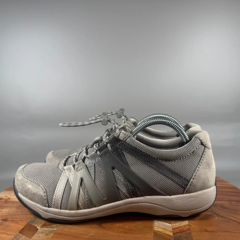 Dansko Elise Grey Leather Mesh Bungee Lace Up Walking Sneakers Womens 37 6.5-7‎